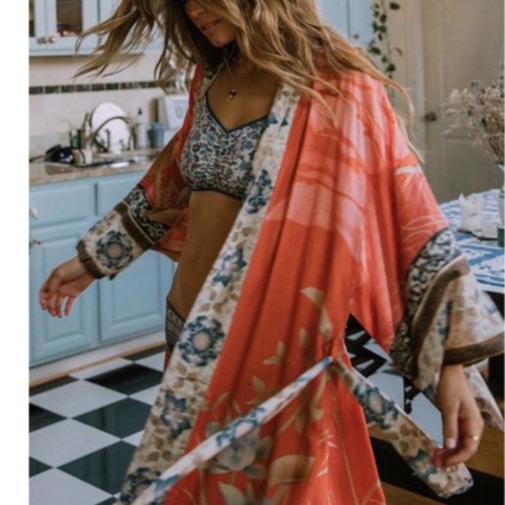 Boho Vibrant Floral Tropical Print Belted Kimono Cover up - Picture 7 of 7